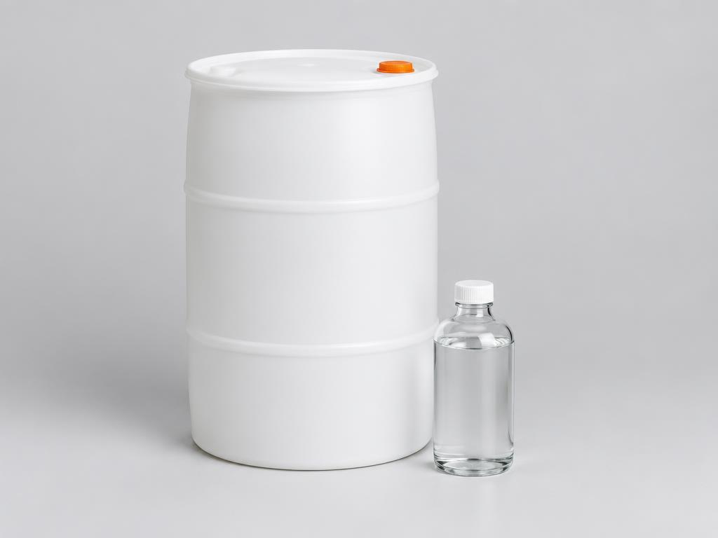White HDPE drum and sample of Special Denatured Spirit (SDS) 95%